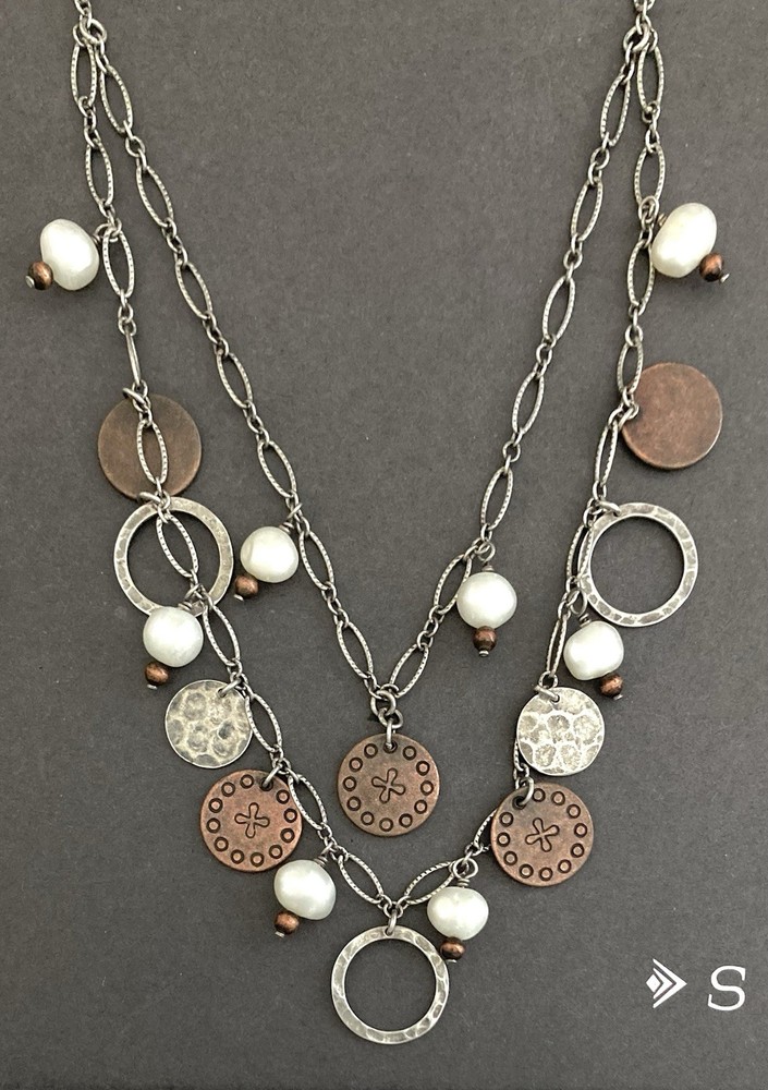 SILPADA Sterling Silver & Copper Discs FRESHWATER PEARL TWO TIER Necklace~#N1567