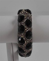 Silver Tone Black Clear Faceted Rhinestones Cuff Bracelet Handcrafted Artisan