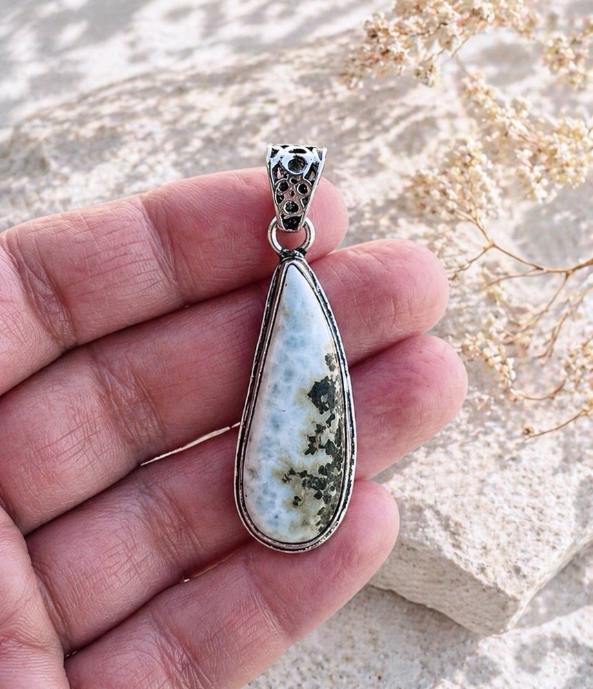 Natural Caribbean Larimar Silver 2” Necklace Pendant