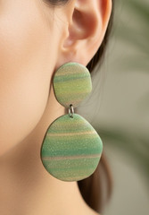Polymer Clay Large Dangle Earrings Green Gold Bronze Stripe Handmade SS Posts