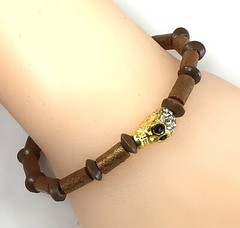 Coral and wood beaded bracelet with skull pendant healing gemstone for women