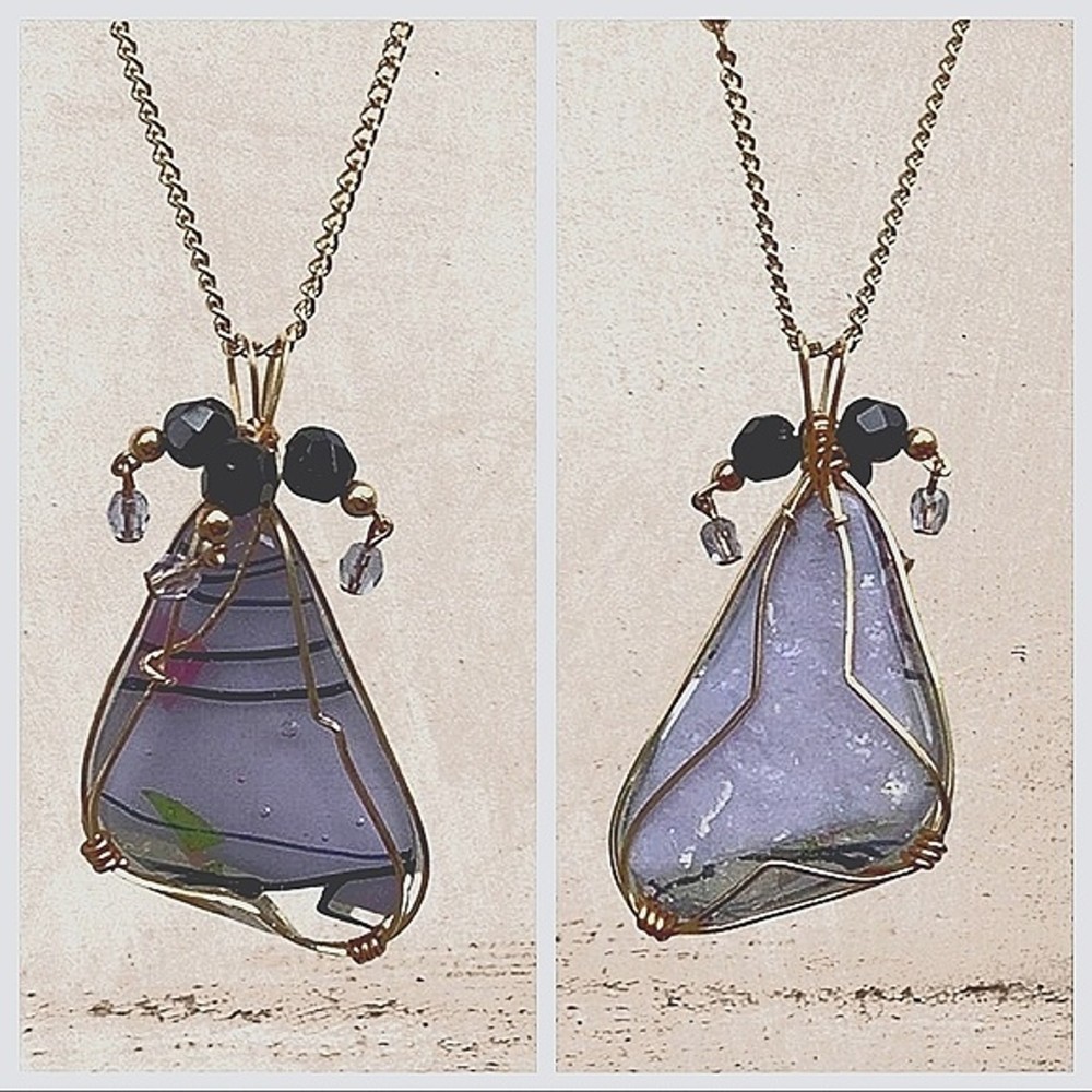 Vintage Artisan Hand Blown Glass Wire Wrapped Pendant Necklace 26” Boho