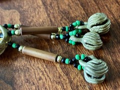 Vintage Wood Glass Metal Beaded Long Necklace Artisan Boho 30” With 2” Drop