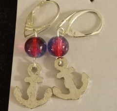 925 Sterling Silver Filled Red Blue Glass Bead Anchor Navy Charm Lever Earrings
