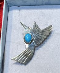 Vintage Sterling Silver 925 R A Begay Hummingbird & Oval Turquoise Stone Brooch