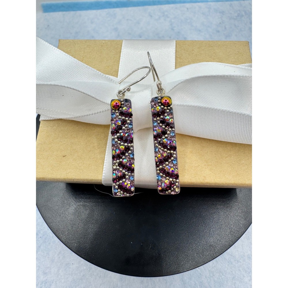 Sterling Silver 925 Purple Austrian Crystal Dichroic Glass Bar Drop Earrings