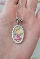 Vintage Pink Rose Broken China Jewelry, Hand-Soldered Oval Floral Necklace