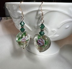 Artisan Dangle Earrings Lamp Work Green Hearts/Rose Gold Filled Ear Wires OOAK