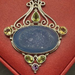 NF Stamped Thailand 925 Large Blue Druzy And Other Gemstone Pendant 3.3”!