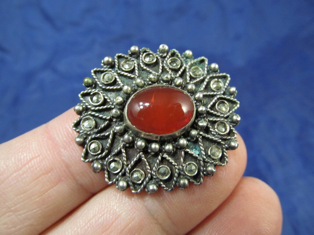 Hand Made 800 Silver Boho Pin Brooch With Orange Glass Cabochon Stone Greece