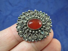 Hand Made 800 Silver Boho Pin Brooch With Orange Glass Cabochon Stone Greece