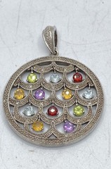 Sterling Silver 925 Multi-Gemstone Circle Pendant Scalloped Openwork 2.1″