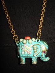 Good Luck Elephant in Glitzy Rhinestone Jewel Patina 27″ Textured Brass Necklace