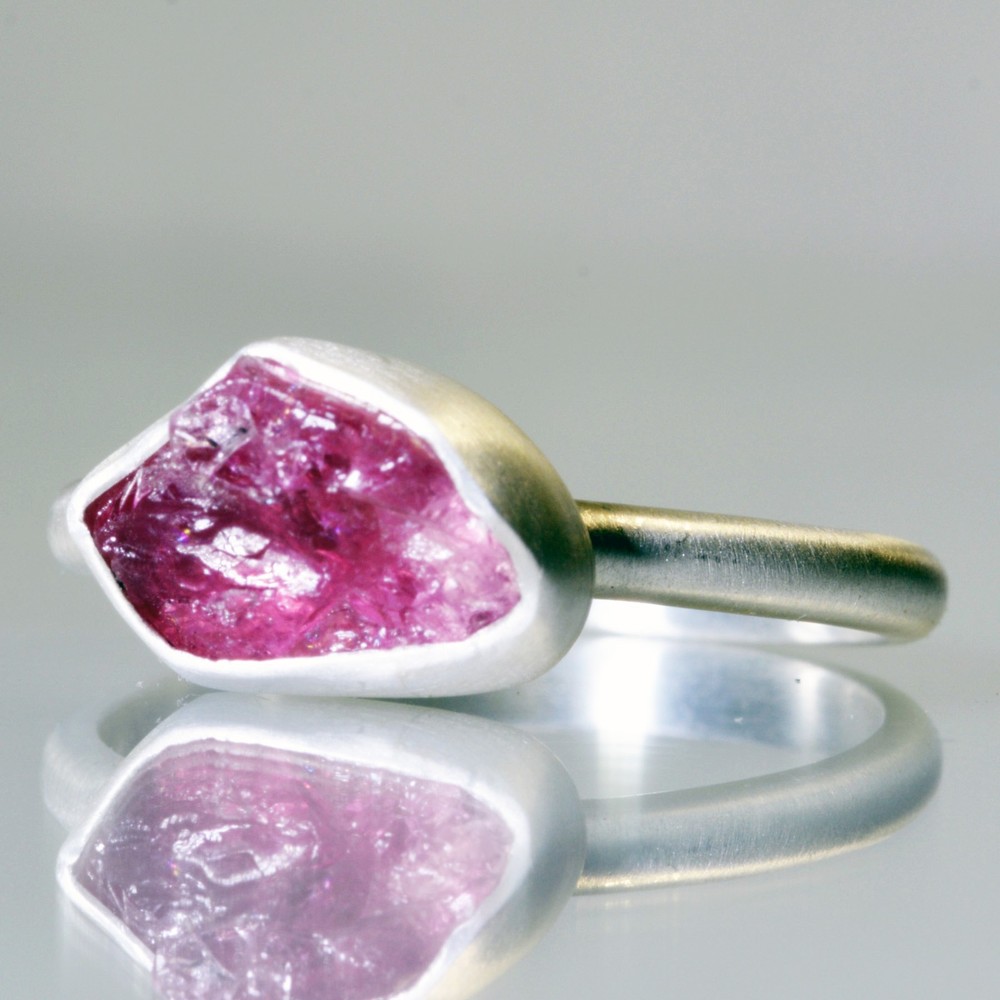 Designer Handmade Raw Pink Tourmaline Sterling Silver Ring Size 9