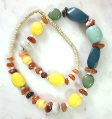 Boho Southwest Style Mixed Stone Necklace Carnelian Agate Wood Beads Ceramic 30″