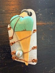 Blonde Shark Tooth Pendant Turquoise Wrapped Copper Handmade Artisan Signed