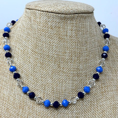 Handmade Beaded Necklace Medium and Navy Blue Clear Glass Silver Tone Spacers