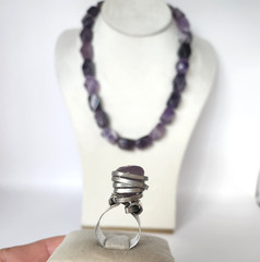 Handcrafted Purple Amethyst Nugget Necklace Silver Wire Wrap Ring Jewelry Set