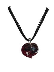 Heart Dichroic Glass Pendant Necklace Black Multi Cord Red Silver Puffy 17″