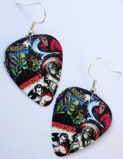 Universal Monsters Vintage Horror guitar pick earrings Dracula Halloween Gothic