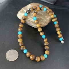 Navajo Blue Turquoise Brown Tigers Eye Sterling Silver Necklace 20″ 13895