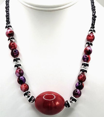Tie Dye Glass Bead Statement Necklace Red Purple & Black Beads Barrel