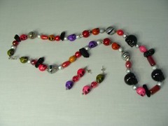Handmade Necklace & Earrings Black Pink Red & Purple Skull Beads 2 Piece Set