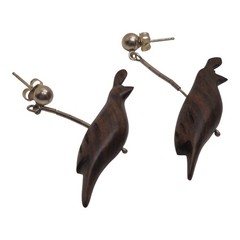 Wood Carved Quail Bird Dangle Earrings 925 Sterling Silver 1.75in 3.86g