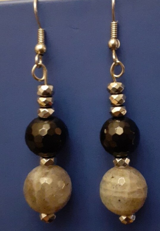 Artisan Labradorite Onyx Silver Pyrite Dangle Earrings