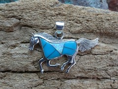 Running Horse Stallion Sterling Silver 925 Turquoise Gemstone Large Pendant BF58
