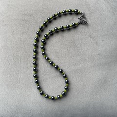 HEMATITE & OLIVE GREEN GLASS Beads Unisex Necklace 19.5” Stainless Toggle