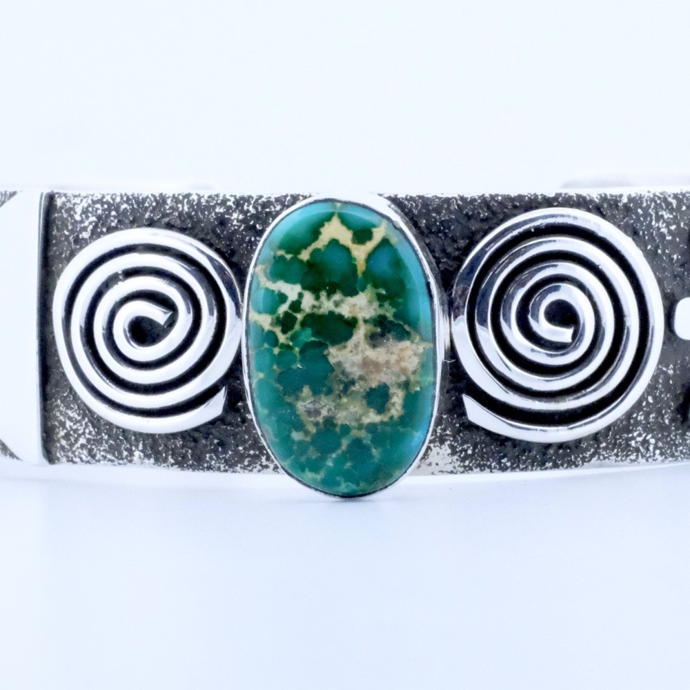 Alex Sanchez Sonoran Gold Turquoise Petroglyph Sterling Silver Navajo Cuff, 3/4”