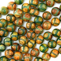 Matte Green Brown Tibetan DZI Agate & Silver Bali Bead 10mm Gemstone Bracelet