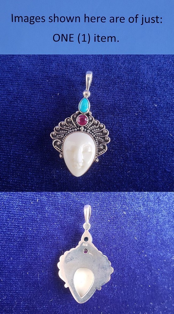 Sterling Silver Bali Goddess Carved Moon Face Turquoise Ruby Pendant 25pt229