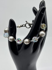 Artisan Made Bracelet With Faceted AB Crystals Faux Pearls Sterling Toggle Clasp