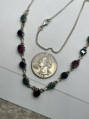 Handmade sterling silver prong set stones red green blue necklace vintage