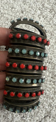 Nicholas Frangos Signed Aqua and Coral Crystal Bracelet
