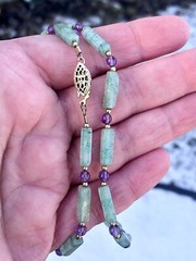 Natural AMETHYST & GREEN AVENTURINE Cylinder Bead Necklace Healing & Prosperity