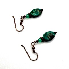Vintage 90s Artisanal Turquoise Chrysoprase Bronze Beaded Boho Drop Earrings