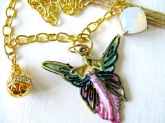 New Pink Blue Green Fairy Core Pendant Goldtone Chain Necklace w/ Crystal Charms