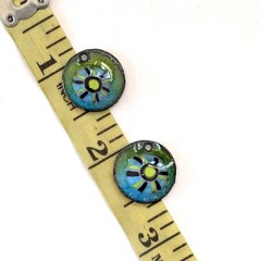 Enameled Charms Handmade Floral Murrini Green Blue Pair 16mm (20398)