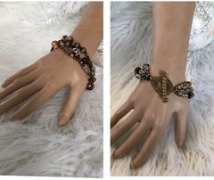 3 Strands African Bracelet W/Glass, Wood & Bone Beads. Vintage Clasp 10 Inches