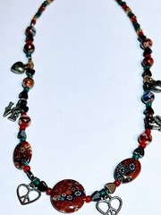 Love Charms Necklace 16” hearts hand painted glass beads earth tones