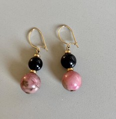 Black Onyx & Pink Thulite Stone Bead Drop Earrings