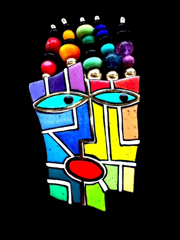 SEAN BROWN CERAMIC 14K GF & SEMI PRECIOUS STONE BEADS PICASSO INSPIRED BROOCH