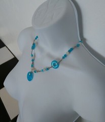 Aqua Beaded Necklace Hand Wrapped Wire Blue and White Beads Handmade Jewelry