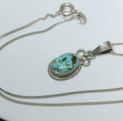 Vintage Mexican 925 Silver 3 CT Veined Turquoise Necklace 40 CM 16″ Link Chain