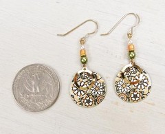 Adajio Earrings Soft Olive and Apricot Retro Floral Disc with Gold Plated Circle