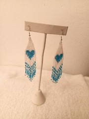 Handmade Seed Beaded Ceylon White and Lined Turquoise Heart