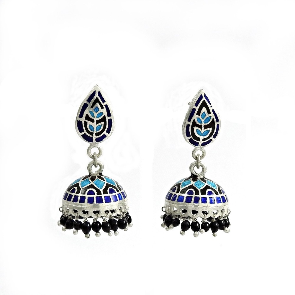 Pure 925 Sterling Silver Blue Enamel Jhumka Earrings Handcrafted Artisan